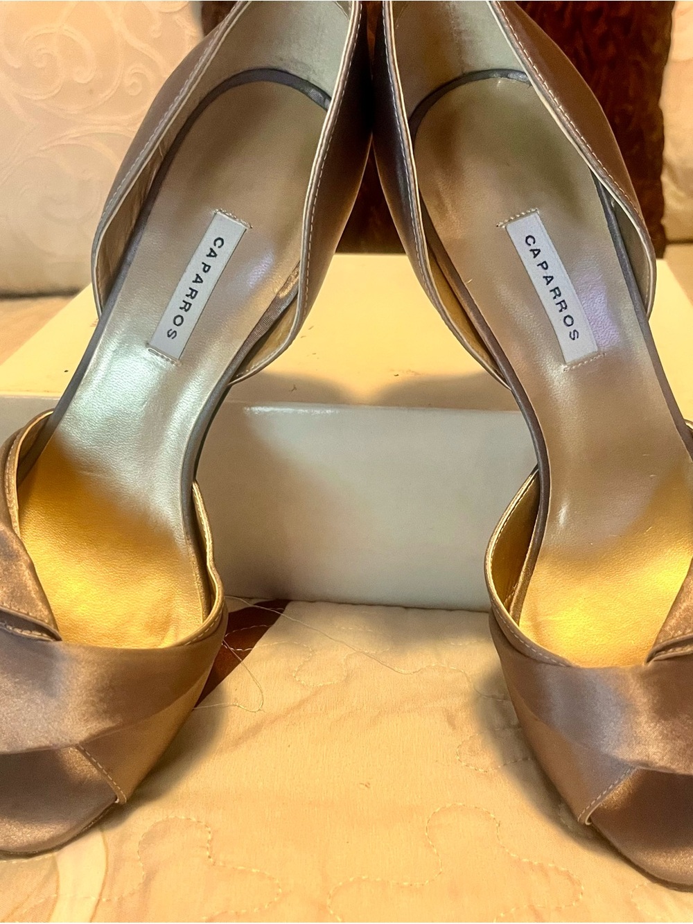 Caparros Satin Open-Toe Grey/Silver Heels with sequin on heel and platform